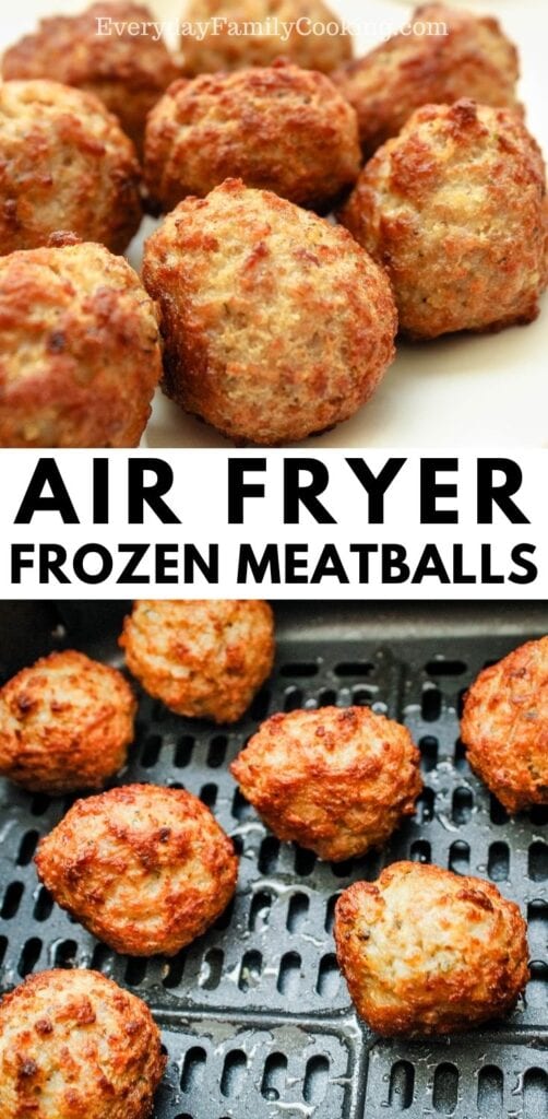 Title and Shown: Air Fryer Frozen Meatballs (on a white plate and in the air fryer)