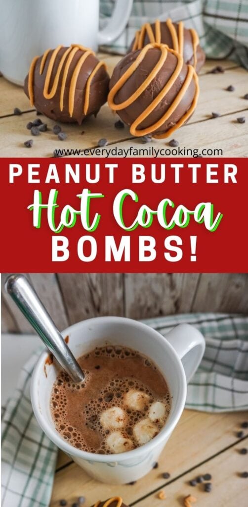 Title and Shown: Peanut Butter Hot Cocoa Bombs (on a table and in a mug to make hot cocoa)