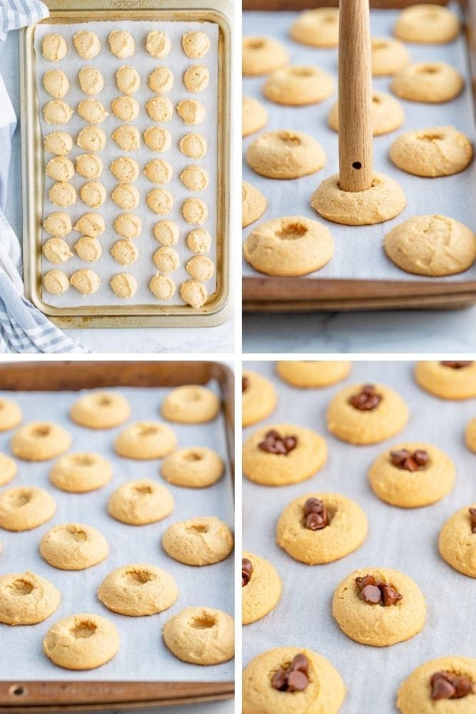 Collage of cookies on a baking sheet with indents put into middle of cookie with chocolate chips