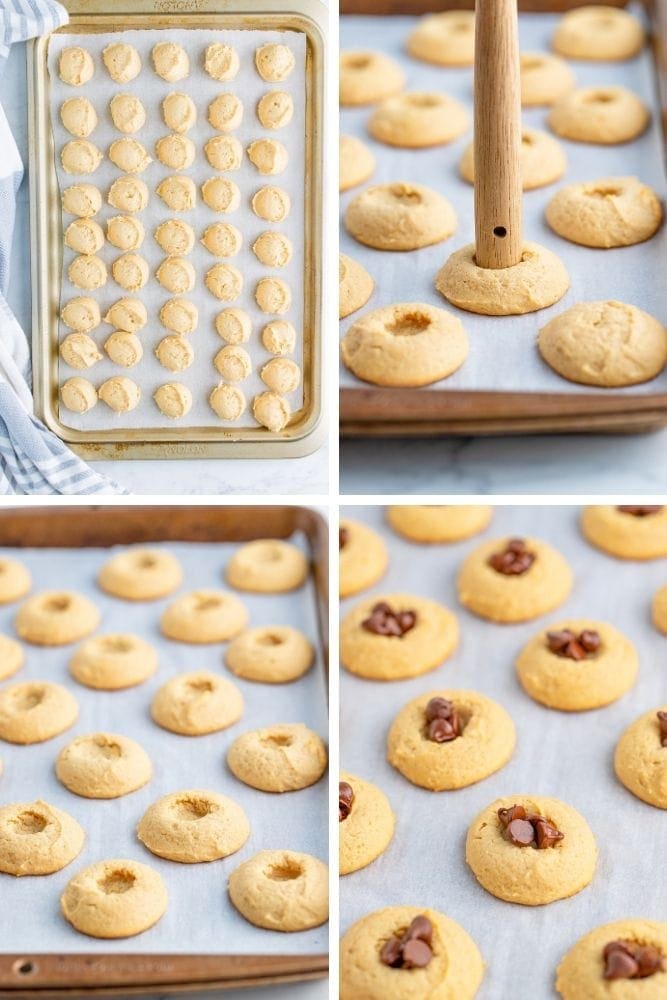 Collage of cookies on a baking sheet with indents put into middle of cookie with chocolate chips