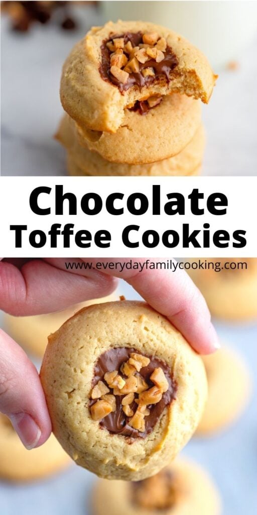 Title and Shown: Chocolate Toffee Cookies (bitten into and held in hand)