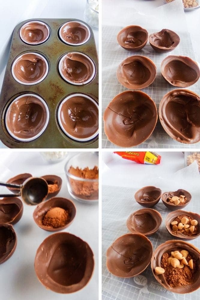 Collage of images showing the melted chocolate pressed into the molds and hot chocolate and peanut butter chips going inside the molds