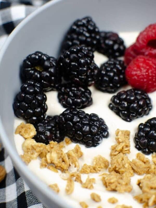 Closeup of almond milk yogurt in a bowl with blackberries, raspberries and granola