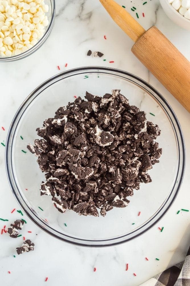 Crushed Oreos in a big glass bowl