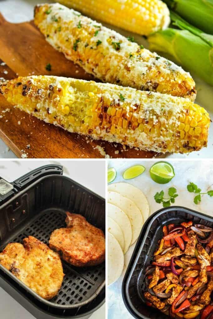 Collage of the best air fryer recipes (corn-on-the-cob, chicken fajitas, and cripsy pork chops)