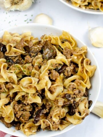 Instant Pot Beef Stroganoff in a white bowl