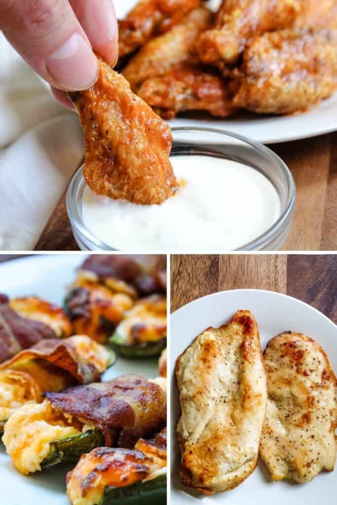 Collage of air fryer recipes, chicken wings, bacon wrapped jalapenos, and chicken breasts