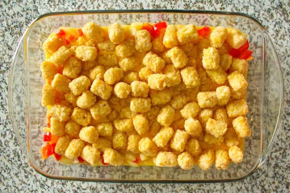 Vegetarian Tater Tot Casserole with frozen tater tots on top