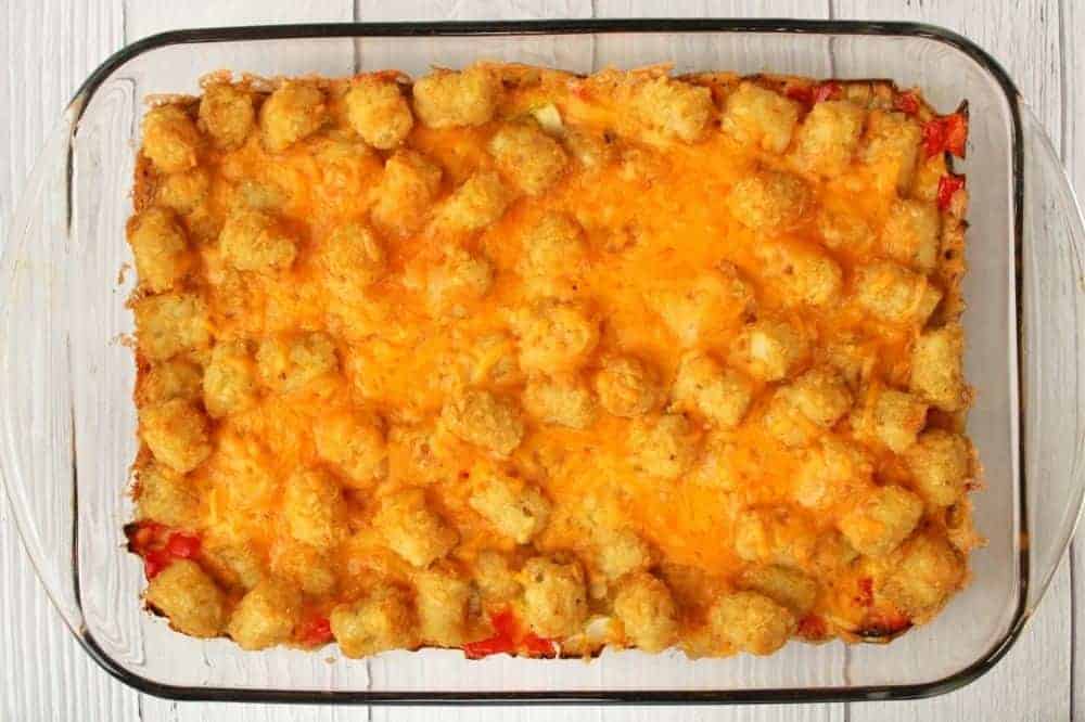 Finished Tater Tot Breakfast Casserole with No Meat in a 13x9 pan
