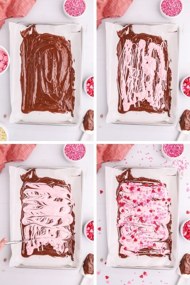 Collage of in-process pictures putting the chocolate and pink melted chocolate on pan and swirling it around with sprinkles
