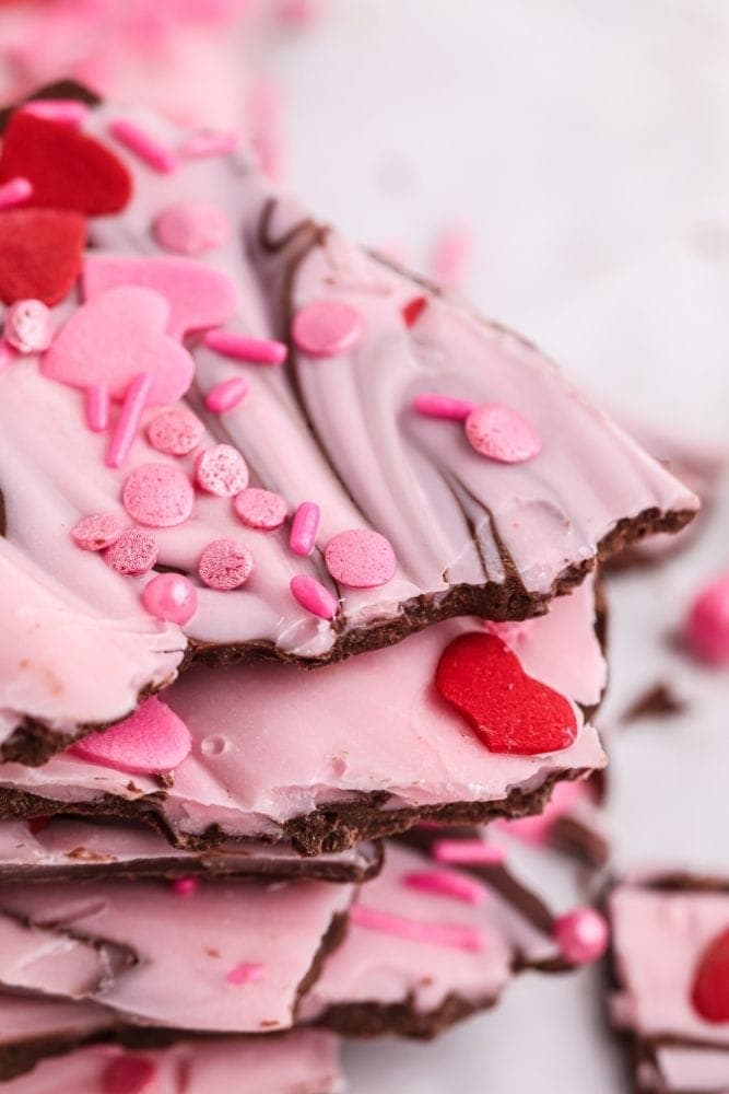 Closeup of the top of the chocolate bark stacked on top of each other