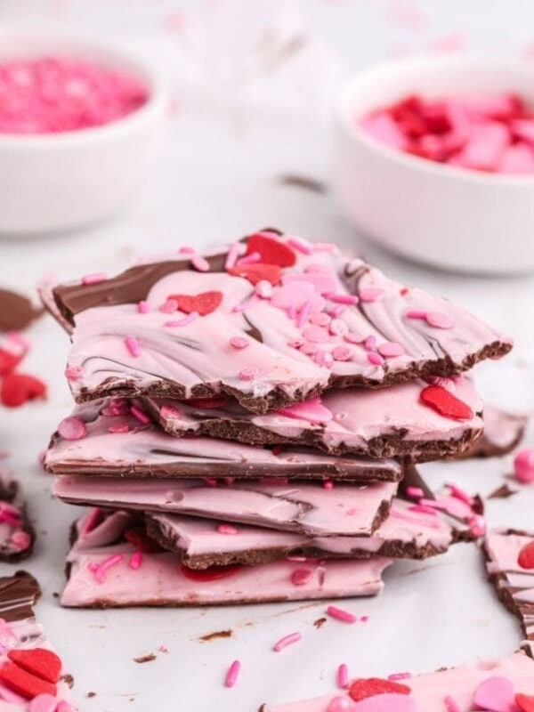 Pink Valentines Day Chocolate Bark with sprinkles and hearts on top