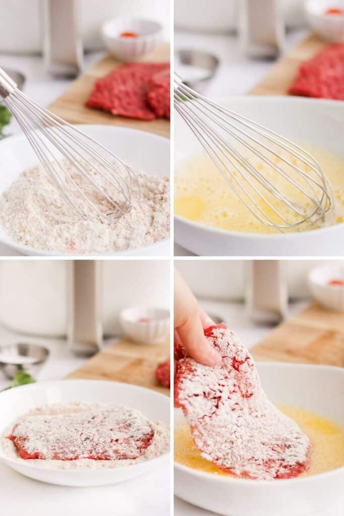 Collage of in-process shots (whisking flour, eggs, and coating cube steak in flour and eggs)