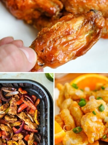 Collage of air fryer chicken recipes (buffalo chicken wings on top, chicken fajitas on bottom left, and orange chicken on bottom right)