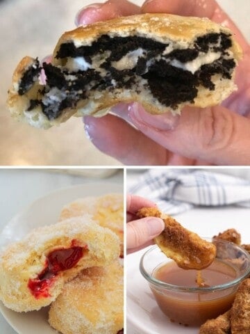 Collage of air fryer desserts (fried Oreos, jelly donuts, and apple slices covered in graham cracker crumbs)