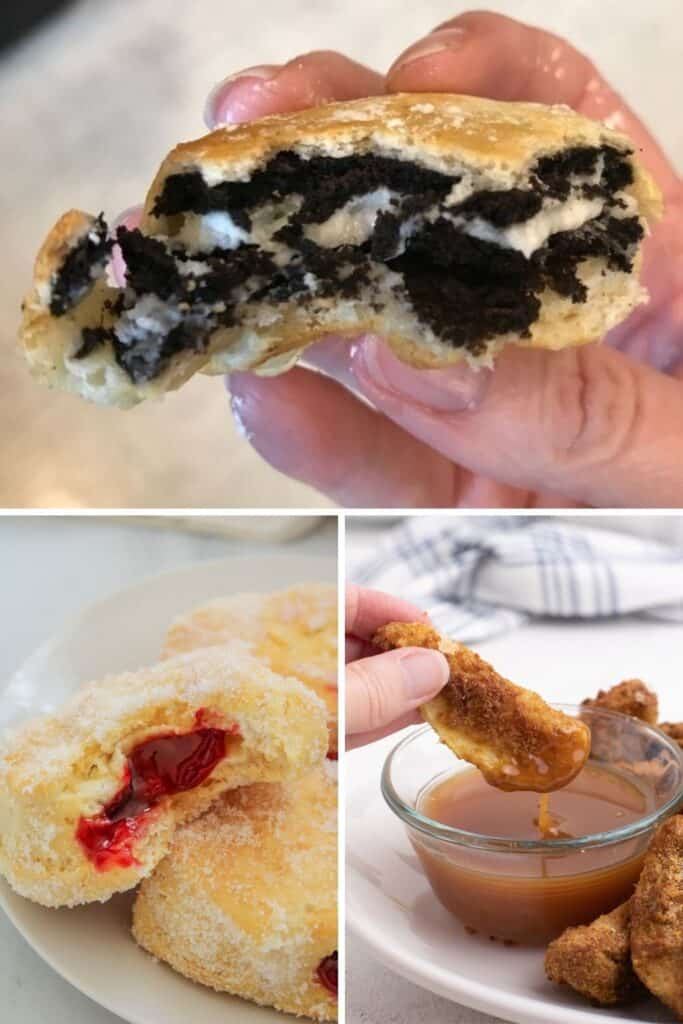 Collage of air fryer desserts (fried Oreos, jelly donuts, and apple slices covered in graham cracker crumbs)