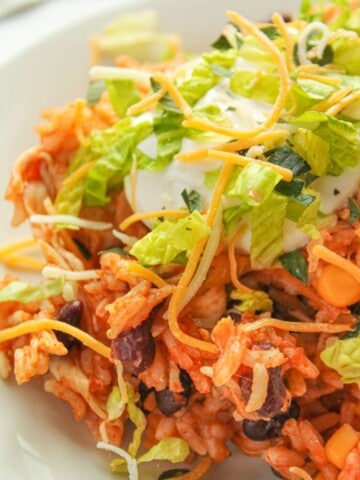 Instant Pot Chicken Taco Bowls topped with sour cream, shredded lettuce, and shredded cheese