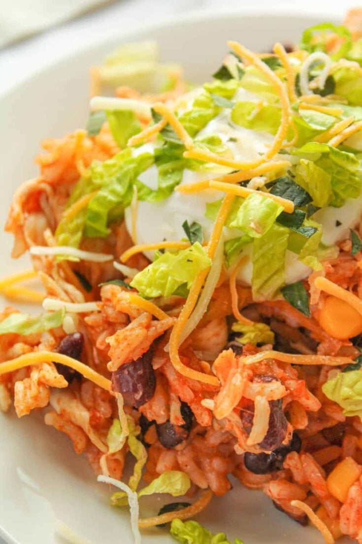 Instant Pot Chicken Taco Bowls topped with sour cream, shredded lettuce, and shredded cheese