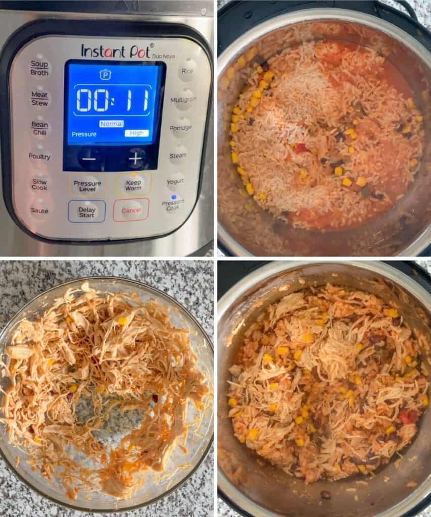 Collage of in-process images including Instant Pot front, shredding the chicken and adding it back into the Instant Pot
