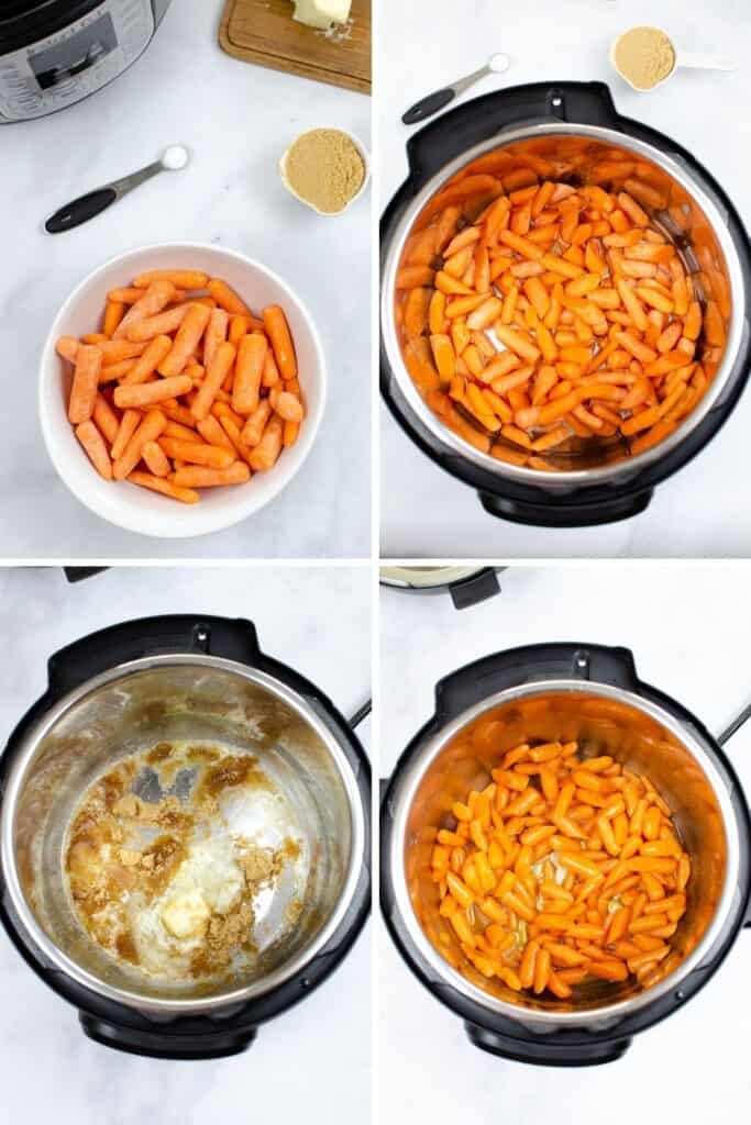 In process collage of carrots in a bowl, in the Instant Pot, with brown sugar sauce, then all mixed together in the Instant Pot