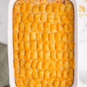 Tater tot casserole with no meat overhead in a casserole dish.