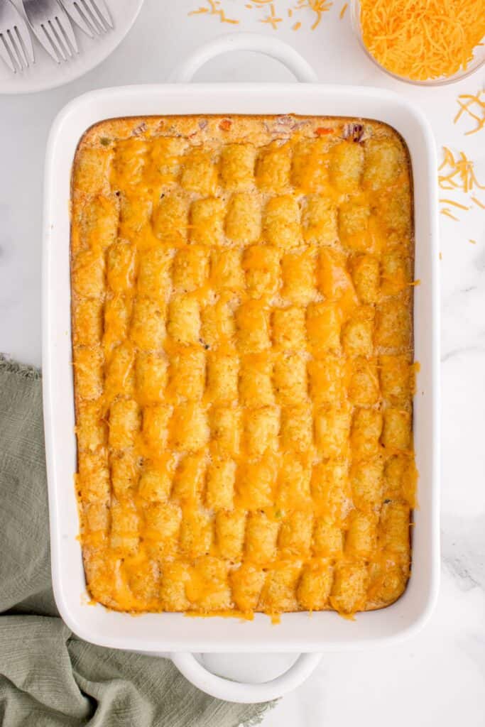 Tater tot casserole with no meat overhead in a casserole dish.