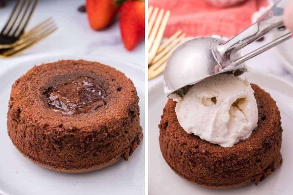 Two side-by-side pictures of lava cake outside of a ramekin and vanilla ice cream being scooped on top