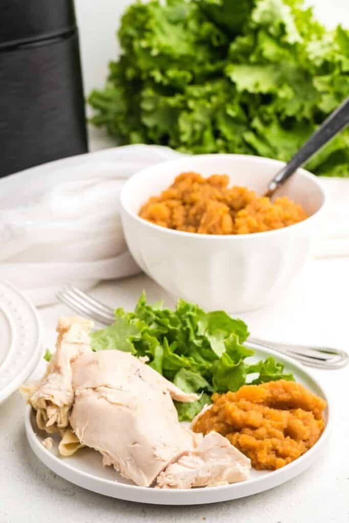 Cut chicken, mashed sweet potatoes, and lettuce on a plate with a bowl of mashed sweet potatoes and head of lettuce in the background