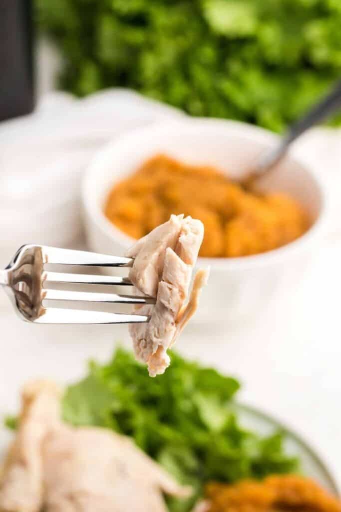 Closeup photo of a piece of the chicken on a fork