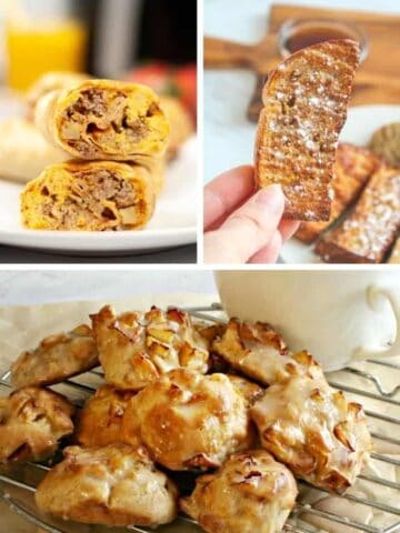 Collage of air fryer breakfast recipes (breakfast burritos on top left, french toast sticks on top right, and apple fritters on bottom)