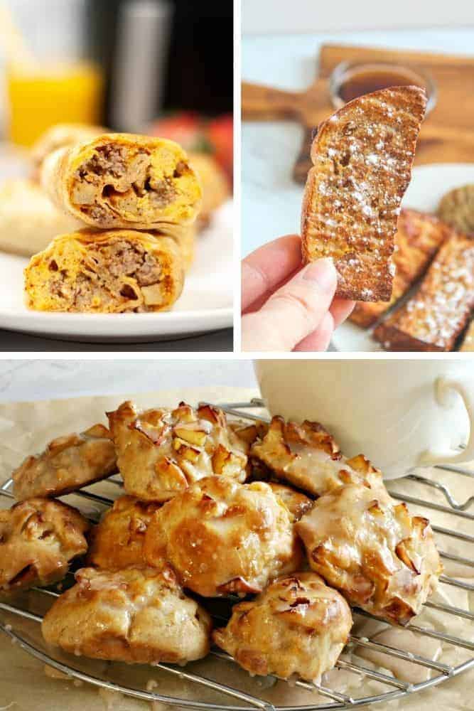 Collage of air fryer breakfast recipes (breakfast burritos on top left, french toast sticks on top right, and apple fritters on bottom)