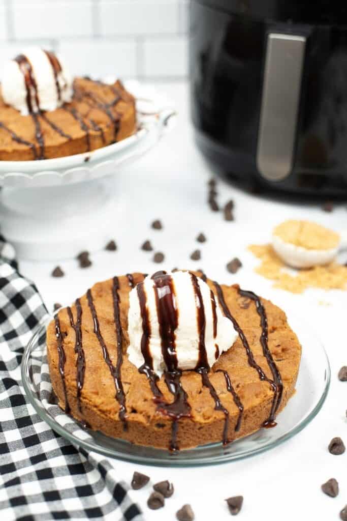 Air Fryer Cookie Topped with Ice Cream and Chocolate Syrup