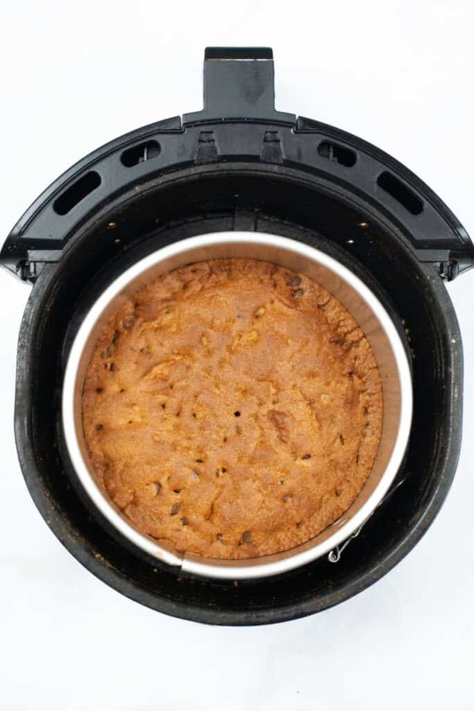 Cookie Cake Cooked in the air fryer inside the pan