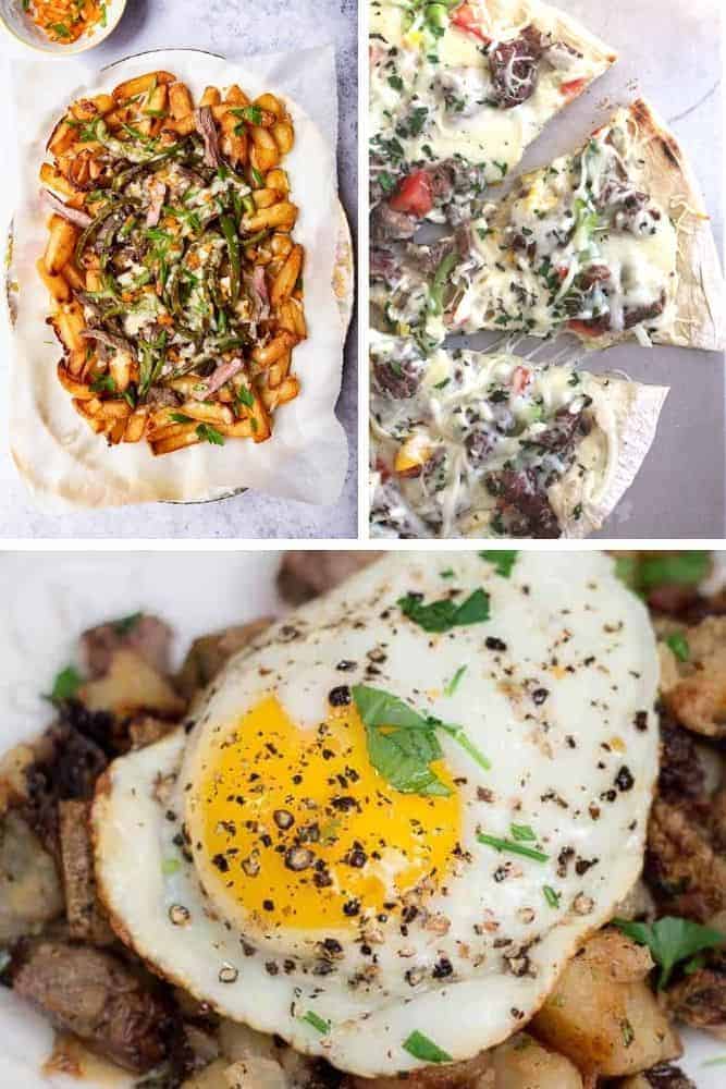 Collage of leftover steak recipes (loaded fries, steak pizza, and hash browns, steak, and eggs