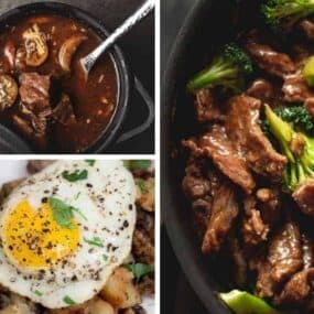 Collage of leftover steak ideas (steak soup, beef and broccoli stir fry, and egg and steak hash)
