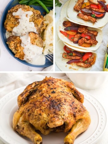 Collage of air fryer recipes (chicken fried steak, chicken fajitas, and whole chicken)