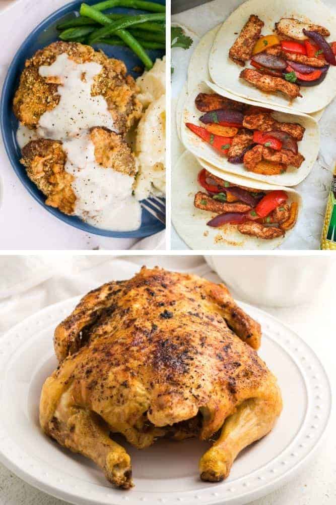 Collage of air fryer dinner recipes (chicken fried steak, chicken fajitas, and whole chicken)