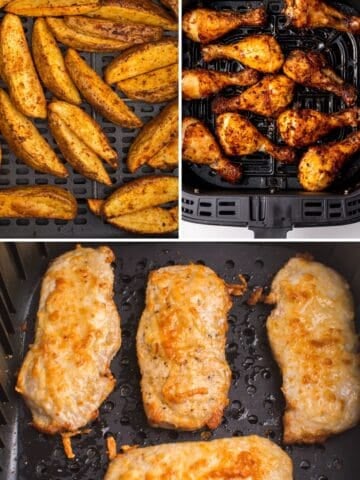 Air fryer dinner recipes collage (air fryer potato wedges, air fryer chicken legs, and air fryer pork chops)