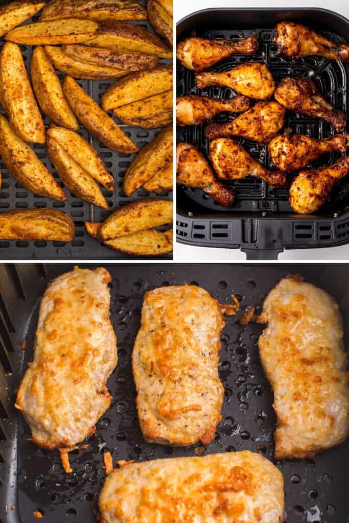 Air fryer dinner recipes collage (air fryer potato wedges, air fryer chicken legs, and air fryer pork chops)