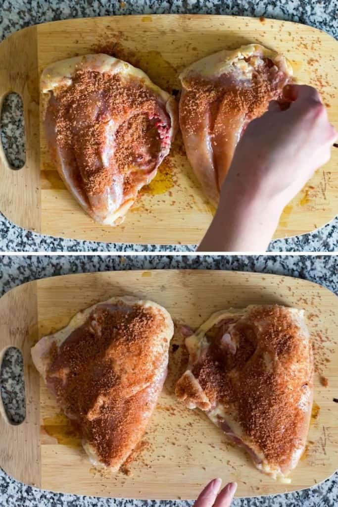 Two photos of a hand putting brown sugar mixture on split chicken breasts that are on a cutting board