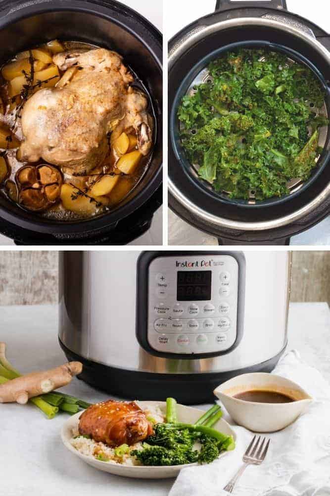 Collage of Instant Pot Air Fryer Lid Recipes (cornish hen, kale chips, and keto chicken)