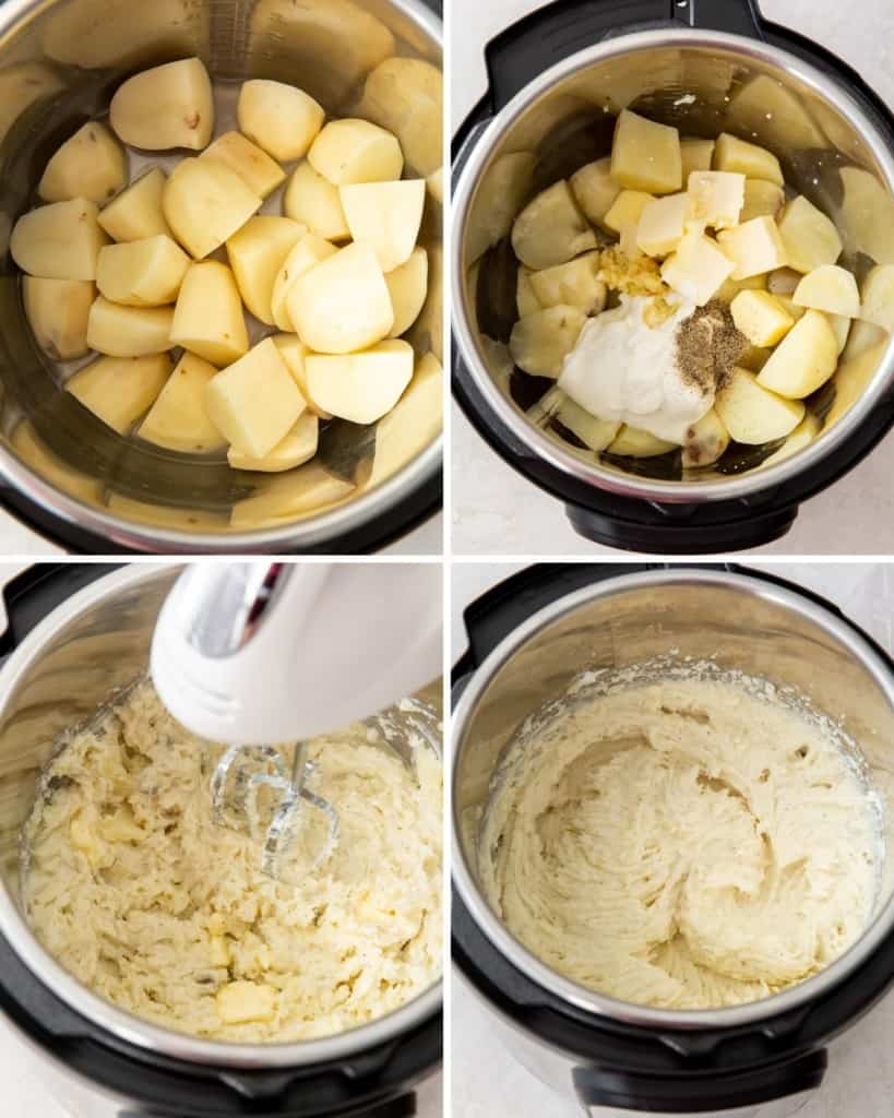 Collage of overhead shots in Instant Pot (cut potatoes in it, all ingredients added in it, hand mixer mixing them, finished potatoes)