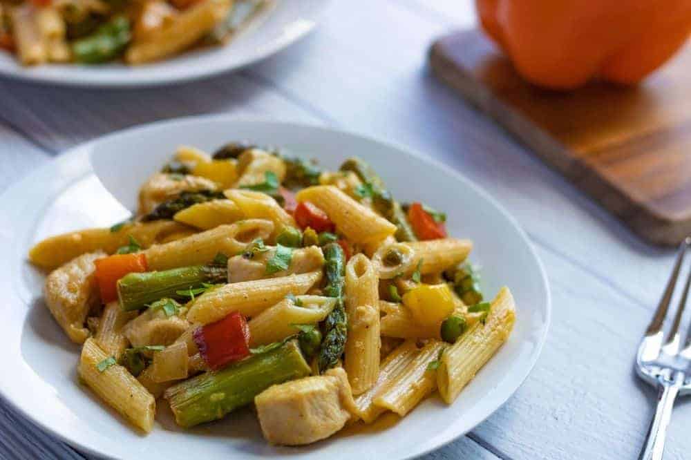 Chicken Chipotle Alfredo Pasta on a white plate