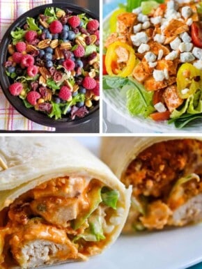Cold Lunch Ideas collage (fruit salad with greens, buffalo blue salad, and buffalo chicken wrap)
