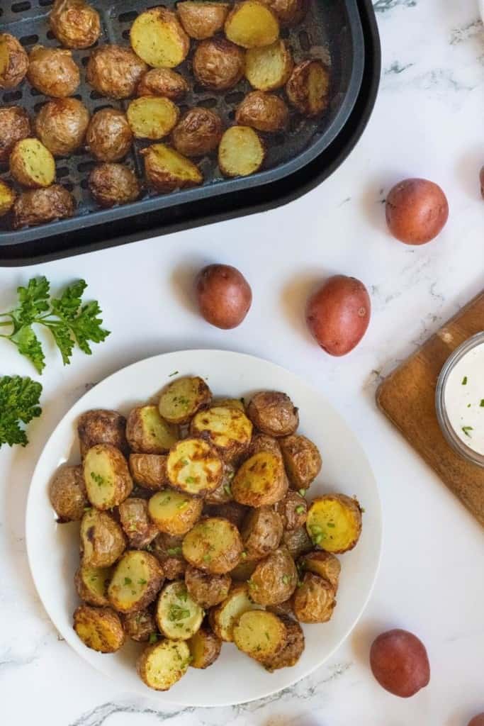 Air Fryer Ranch potatoes on a white plate with more in a square air fryer basket
