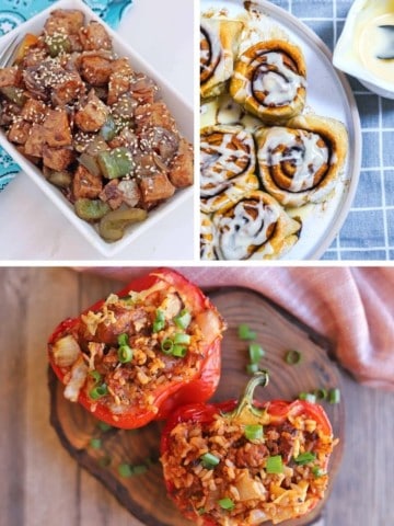 Collage of air fryer vegan recipes (spicy tofu, cinnamon rolls, and stuffed peppers)