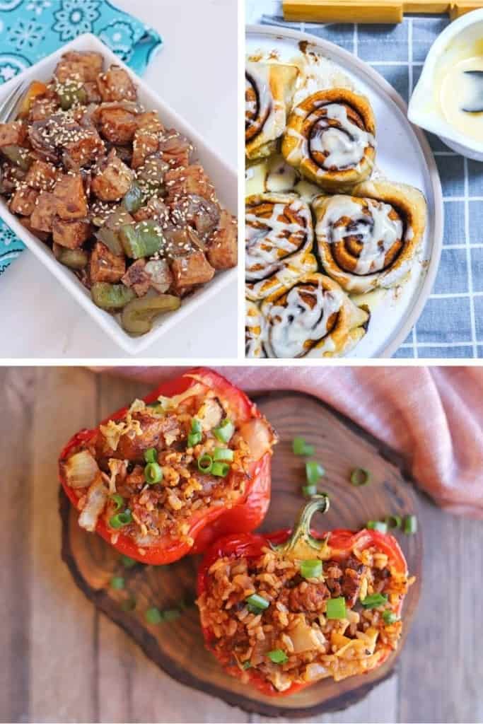 Collage of air fryer vegan recipes (spicy tofu, cinnamon rolls, and stuffed peppers)