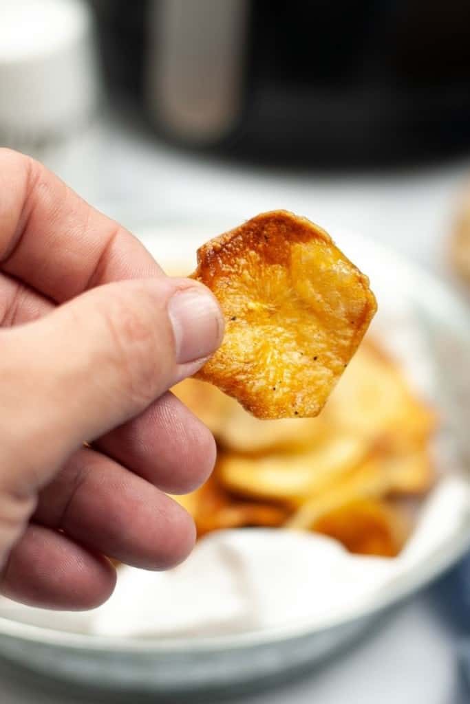 Homemade potato chip being held in hand