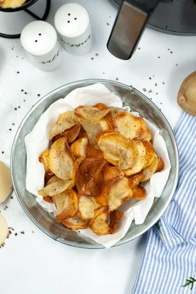 Looking down on Air Fryer Potato Chips in a bowl