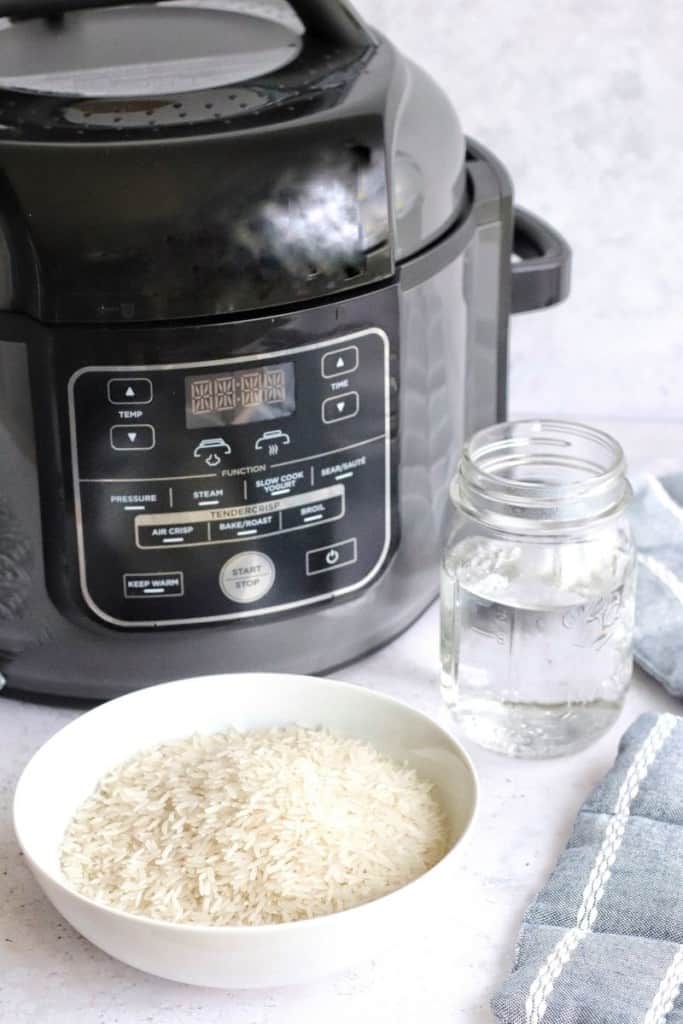 Raw jasmine rice in front of a Ninja Foodi with water